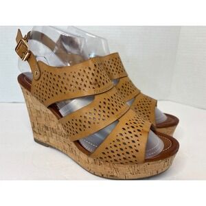 Seven 7  Lauren Wedge Tan Laser Cut Multi Strap Cork Platform Sandals Womens 10